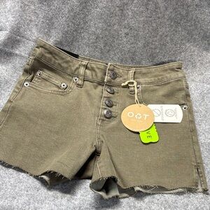 OAT New York high rise Repreve button fly 3 1/2 inseam raw hem jean shorts 24